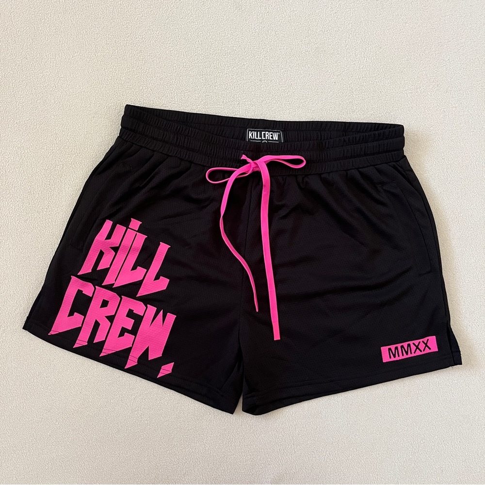Kill Crew Muay Thai Mid Thigh Cut Black Pink Graphic Athletic Mesh Shorts XXL